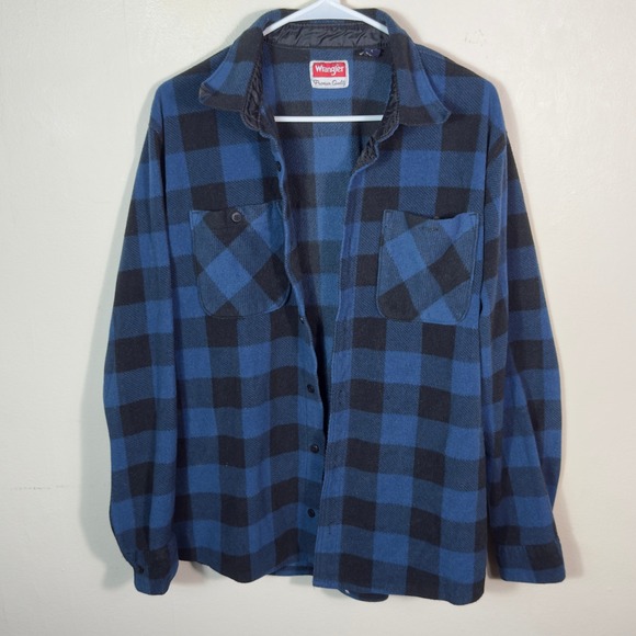 Wrangler Premium‎ Quality Mens Large Plaid Fleece Shirt Blue Black - Picture 1 of 6